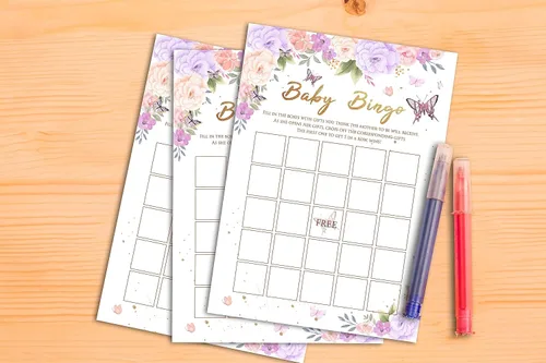 Miniatura 3 de Juegos de baby shower para niñas, juego de bingo de mariposa púrpura para baby shower, decoraciones florales moradas para fiestas de revelación