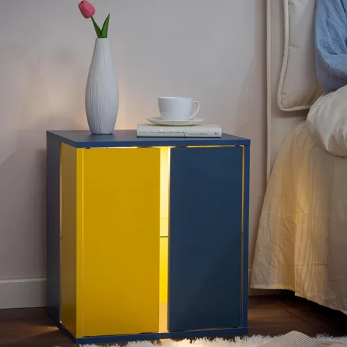 Miniatura 10 de Mesita de noche LED para mesita de noche, mesa auxiliar, luces laterales modernas con 2 cajones para dormitorio, color negro/dorado