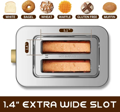Miniatura 3 de SEEDEEM Tostadora de 2 rebanadas, pantalla de control táctil, tostadora inteligente de acero inoxidable, 6 configuraciones de tostado, selección