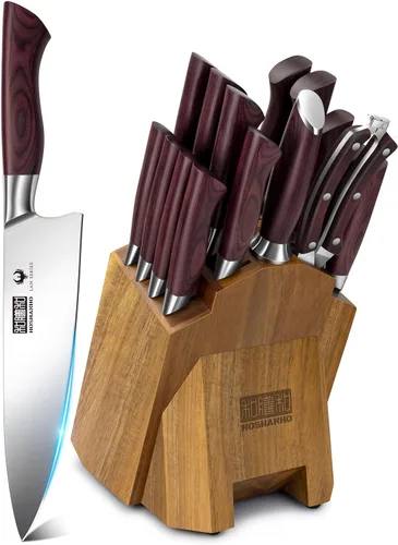 HOSHANHO Juego de cuchillos de cocina con bloque de 18 piezas, juego de cuchillos de chef de acero inoxidable de carbono alto súper afilados, juego
