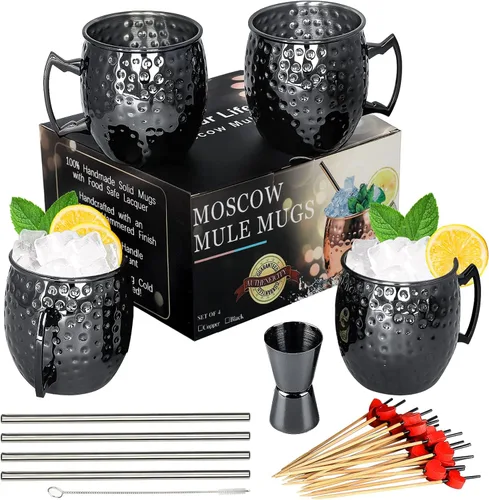 LINALL Moscow Mule - Juego de 4 tazas de acero inoxidable chapadas en negro bronce de 18 onzas, taza medidora, selecciones de cóctel para bebidas 4