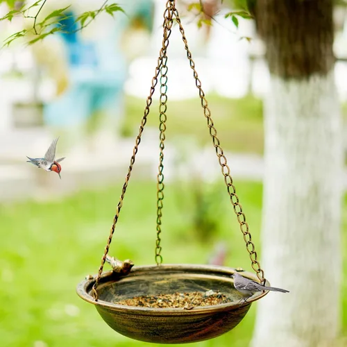 Miniatura 4 de Baños de pájaros colgantes de metal para exteriores, comedero de pájaros al aire libre, patio trasero, decoración de patio de jardín (dorado)