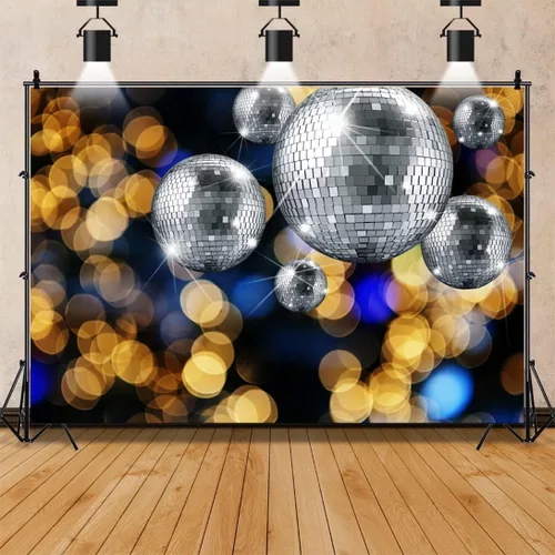 Miniatura 3 de Renaiss Telón de fondo de fiesta de discotecas plateadas de 5 x 3 pies con diseño de bokeh dorado neón para discotecas de los años 70, 80 y 90