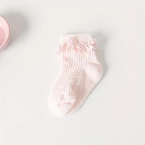 Miniatura 7 de 5 pares de calcetines antideslizantes antideslizantes para bebés y niñas pequeñas de encaje con rayas de flores