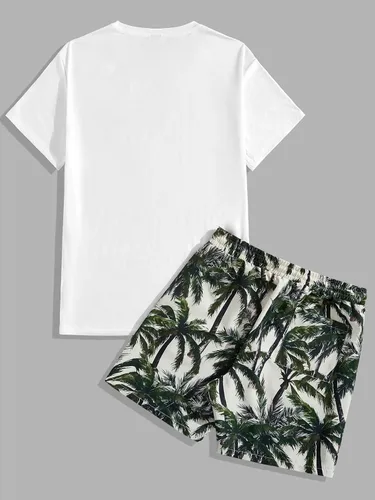 Miniatura 73 de GORGLITTER Conjunto de 2 piezas de camiseta gráfica de manga corta para hombre, estampado hawaiano con cordón y pantalones cortos