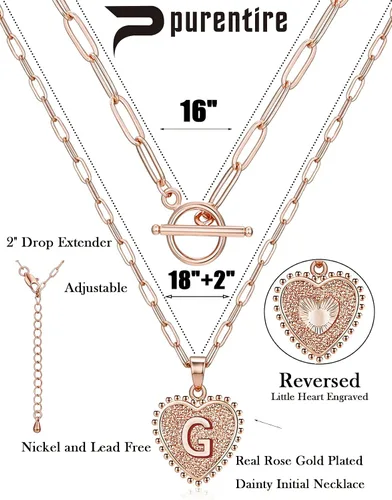 Miniatura 5 de Collar delicado con inicial en capas de oro de 14 quilates para mujer, dije de letra de corazón, cadena de clip chapada en oro rosa para regalo