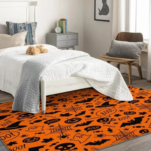 Miniatura 3 de Alfombras de Halloween para dormitorio, sala de estar, alfombra de tela de araña de murciélago de calabaza, 4 x 6 pies, lavable, antideslizante, Dfg2