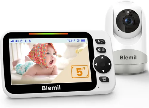 Blemil - Monitor de bebé con batería de 30 horas, monitor de vídeo para bebé con pantalla grande dividida de 5 pulgadas, con cámara y audio, batería