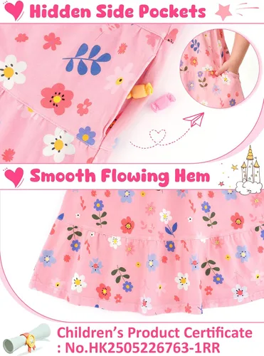 Miniatura 8 de Vestido casual para niñas, de algodón suave, manga corta, transpirable, acampanado, para adolescentes, talla 2T, 3T, 4T, 5, 6, 7, 8, 9, 10, 12, 13