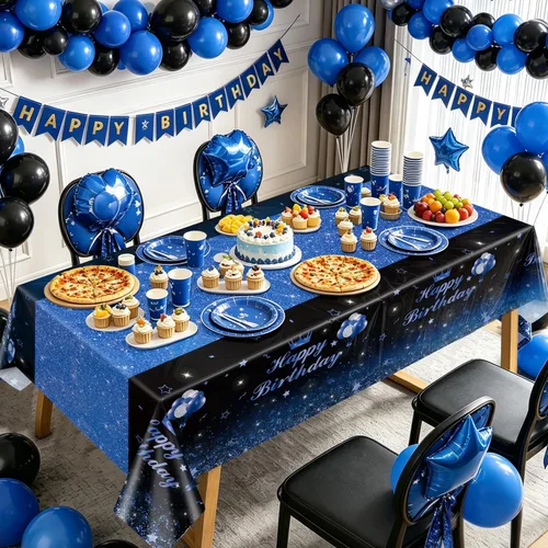 Miniatura 4 de 4 Pcs Happy Birthday Black and Blue Party Tablecloths - Blue Black Party Decorations Plastic Tablecloth Rectangular Table Covers for Boy Girl Baby