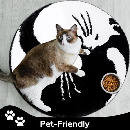 Miniatura 4 de Bonita alfombra de baño con diseño de gato Yin Yang, accesorio redondo de ducha de animales en blanco y negro, microfibra antideslizante lavable