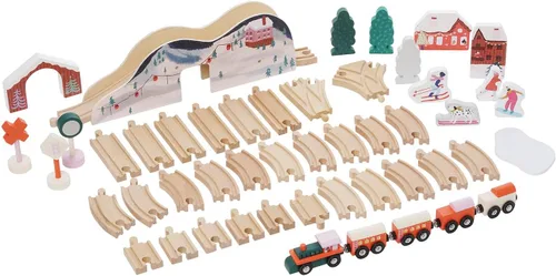 Miniatura 4 de Manhattan Toy Alpine Express - Juego de tren de juguete de madera de 49 piezas con accesorios escénicos para niños de 3 años en adelante