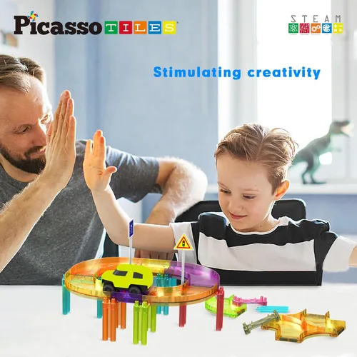 Miniatura 2 de PicassoTiles Carrera de coches de pista magnética azulejos magnéticos juguete de viaje sensorial azulejos juguetes para niños pequeños STEM