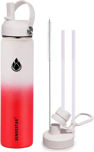Miniatura 60 de SENDESTAR Botella de agua aislada de 24 onzas, boca ancha, botella de agua de 24 onzas con tapa con popote, tapa de boquilla, acero inoxidable