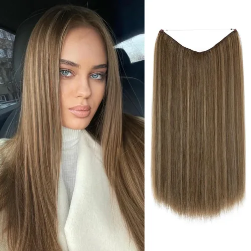 Miniatura 12 de SARLA Extensiones de cabello con alambre invisible de reflejos cortos rectas postizos sintéticos diadema transparente ajustable para mujeres 14