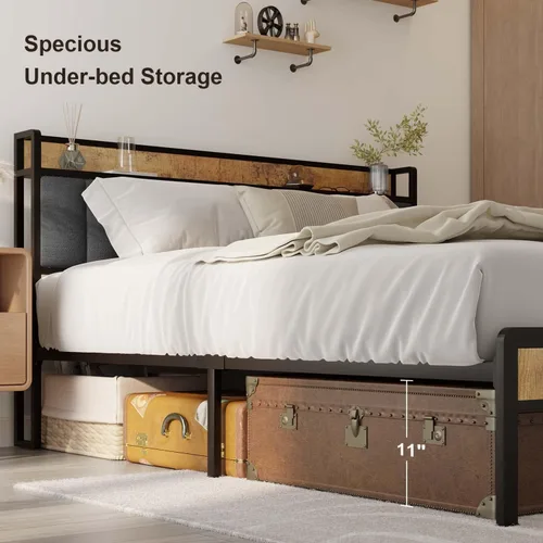 Miniatura 4 de Gizoon Cama de plataforma de metal, marco de cama con cabecera de madera tapizada, sin ruido, no necesita somier, con almacenamiento debajo
