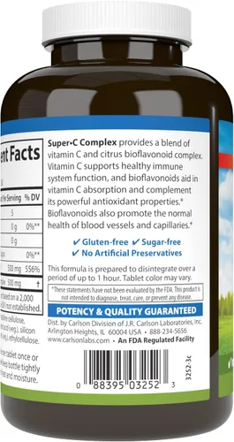 Miniatura 3 de Carlson - Complejo Super-C, Vitamina C + Bioflavonoides, Función Inmune y Bienestar Óptimo, Antioxidante, 250 Tabletas Vegetarianas
