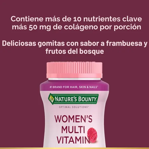 Miniatura 3 de Nature's Bounty Optimal Solutions Multivitamínico para Mujeres, Apoyo Inmunológico y de Energía Celular, Salud Ósea, Sabor a Frambuesa, 80 Gomitas