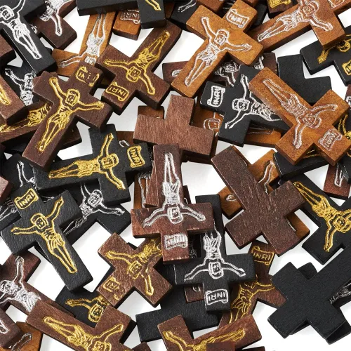 Miniatura 2 de Cheriswelry 100 colgantes de madera con cruz de crucifijo con cruz impresa, dijes de madera teñida religiosos de 32.5 a 1.319 in para hombres