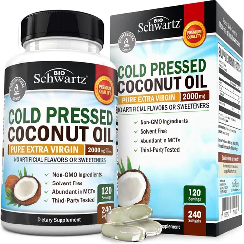 Cápsulas de Aceite de Coco 2000mg - Orgánico Puro Extra Virgen Sin Refinar Prensado en Frío Rico en MCT y Sin GMO para Salud de la Piel, Uñas,