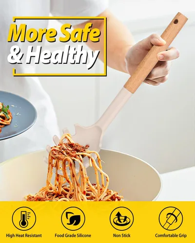 Miniatura 3 de Juego de tenedor y cucharón de silicona para pasta con mango de madera, utensilios de cocina antiadherentes resistentes al calor para cocinar, Caqui