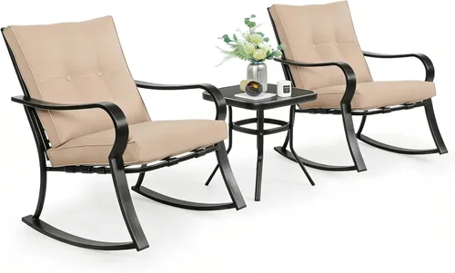 SUNCROWN Juego de 3 sillas mecedoras para exteriores, muebles de acero negro con cojín grueso y mesa de centro con tapa de cristal, color marrón