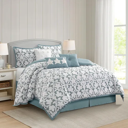 Miniatura 2 de Grand Avenue Juego de edredón azul de 7 piezas, juego de cama jacquard tamaño Queen, ropa de cama de hojas florales para todas las estaciones