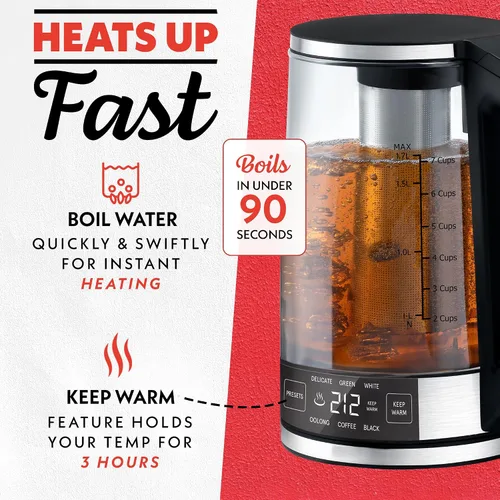 Miniatura 4 de Gourmia Hervidor digital programable de vidrio – Hervidor eléctrico de temperatura ajustable de 1.7 L con 6 ajustes preestablecidos, mantiene