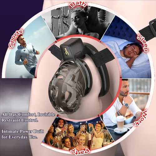 Miniatura 8 de Dispositivo de jaula de castidad masculina, jaula de silicona suave con 6 anillos de tamaño, correas ajustables, bloqueo de pene ligero, control