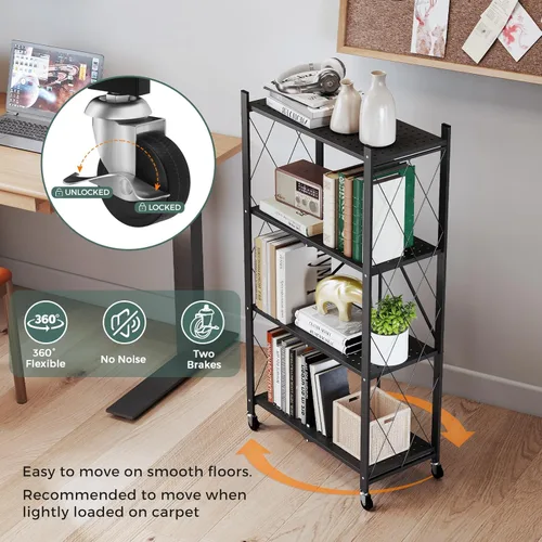 Miniatura 8 de DEANIC Estantes de almacenamiento plegables de 4 niveles con ruedas, estantería de gran capacidad, estante de alambre de metal independiente, Negro