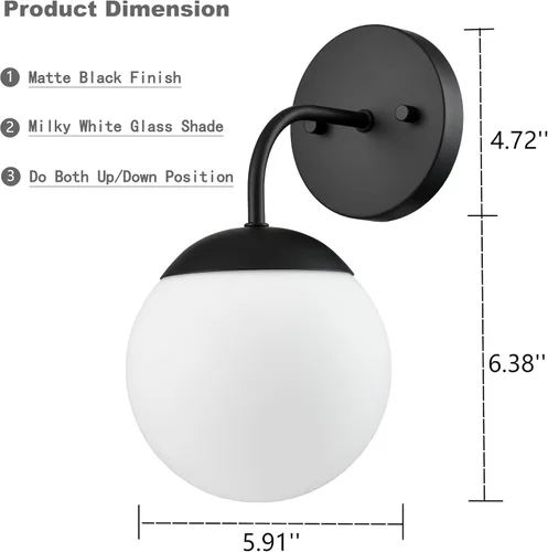 Miniatura 4 de Juego de 2 apliques de pared negros de estilo nórdico moderno con forma de globo lechoso para tocador de baño