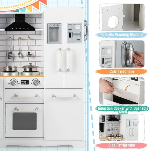 Miniatura 4 de Costzon Juego de Cocina de Esquina para Niños, Juego de Cocina de Madera de Juguete 11 en 1 con Lavadora Realista, Microondas, Horno, Estufa