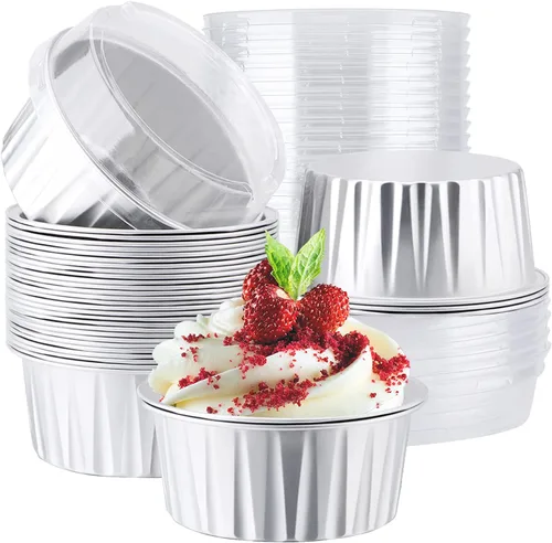 Miniatura 8 de EUSOAR Tazas de aluminio para hornear, paquete de 30 tazas de 5 onzas para cupcakes con tapas, moldes de pastel de 4.2 fl oz, flanes de postres, Azul