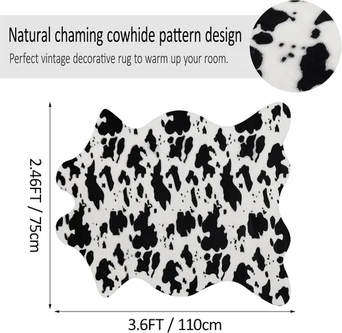 Miniatura 2 de Bonita alfombra con estampado de vaca, pequeña de piel sintética de vaca en blanco y negro, alfombra con estampado animal para mesa, dormitorio