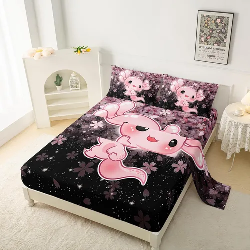 Miniatura 2 de QOOMO Ropa de cama Kawaii Axolotl para niños y niñas, diseño de flor de cerezo rosa, juego de ropa de cama súper suave para niños, con estrellas