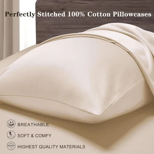 Miniatura 5 de Juego de 2 fundas de almohada de algodón de tamaño estándar, 800 hilos, 100% algodón egipcio, fundas de almohada naturales, suaves y transpirables