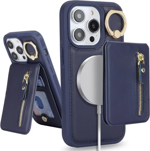 Miniatura 31 de para iPhone 14 Funda con soporte magnético Magsafe compatible, llavero de cuero PU plegable con soporte desmontable, funda tipo cartera 2-en-1