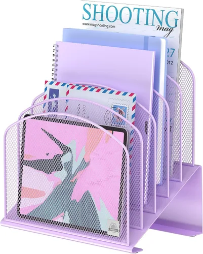 Miniatura 11 de Delifox Organizador de escritorio inclinado, soporte de archivos de 5 secciones con bandeja vertical para carpetas, estante de metal clasificador