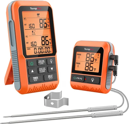 ThermoPro TP826 - Termómetro inalámbrico de carne de 500 pies, doble sonda de carne con alerta HI/baja, sonda de temperatura para parrilla de