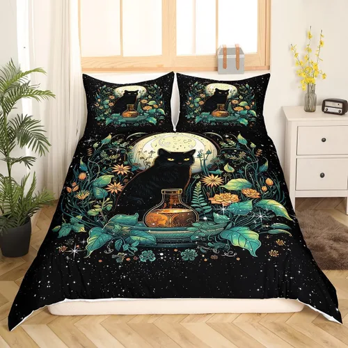Miniatura 2 de Juego de funda de edredón para niños con diseño de gato lindo, tamaño individual, juego de ropa de cama con hojas de flores, luna, noche y cielo