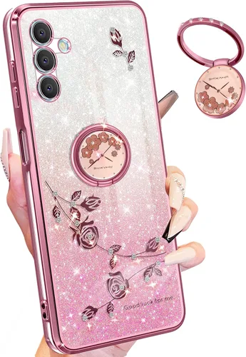 Miniatura 18 de Funda para Samsung Galaxy S22 Ultra con purpurina brillante para mujeres y niñas, cubierta de teléfono morada, diseño floral con anillo de flores