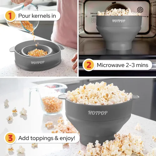 Miniatura 3 de El original Hotpop - Palomitas de maíz para microondas, máquina de palomitas de silicona, cuenco plegable sin BPA y apto para lavavajillas - 20 Gris