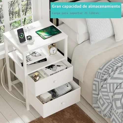 Miniatura 4 de BOLUO Mesita de noche blanca con estación de carga, mesa de noche LED con 2 cajones de tela, mesa auxiliar con puertos USB y tomas de corriente