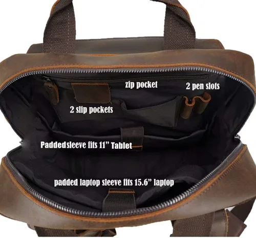 Miniatura 6 de Mochila de cuero genuino para hombre, estilo vintage, de 15.6 pulgadas, bolsa para computadora portátil, varios bolsillos, mochila casual de viaje