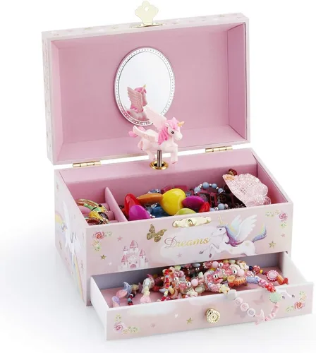 Miniatura 3 de Joyero musical para niños con cajón grande y piedras de circonita, juego de joyas con unicornio giratorio y diseño de mariposa arcoíris