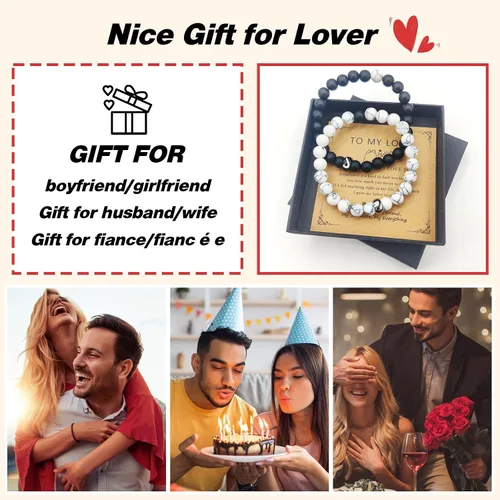 Miniatura 52 de 2 pulseras magnéticas para parejas, piedra natural negra mate, cristal para votos de amor eterno, juego de pulseras de cuentas de piedra de energía