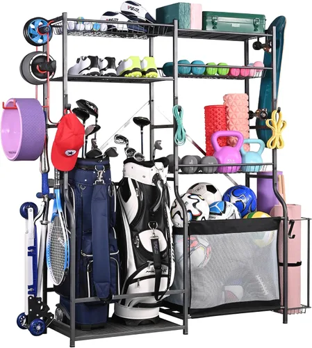 Miniatura 8 de PLKOW Organizador de Equipo Deportivo, Estante de Almacenamiento de Bolas para Garaje, Organizador para 2 Bolsas de Golf y Equipo Deportivo