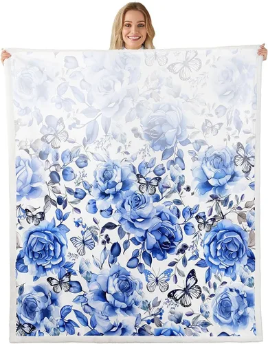 Homewish Manta de cama con estampado de flores, manta de porcelana azul y blanca para niños y niños, manta sherpa de poliéster ligera con estampado