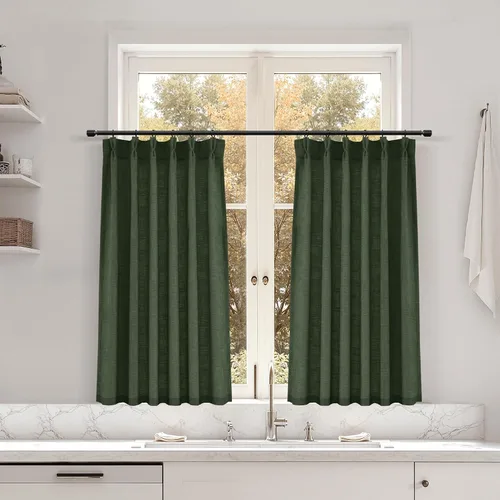 Miniatura 79 de Juego de 2 paneles de cortinas de ventana de cocina beige de 24 pulgadas de largo, con textura de lino, plisadas, filtrantes de luz, semi pequeñas