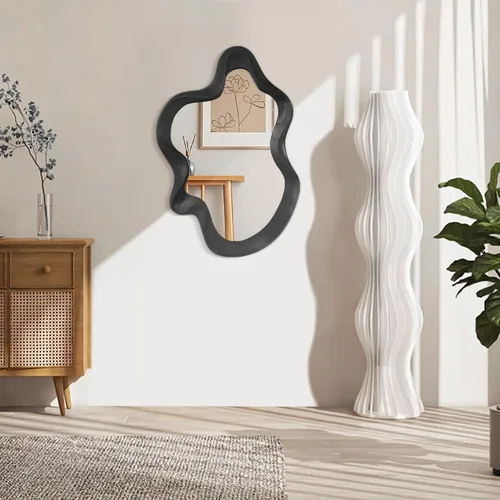 Miniatura 2 de Espejo asimétrico para decoración de pared, grande, moderno, ondulado, con marco de madera, espejo de pared con forma única montado en pared